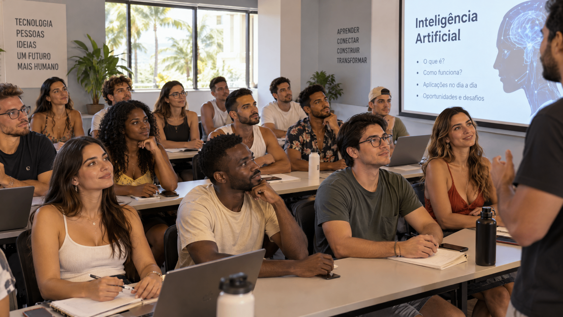Educadores em formação sobre Inteligência Artificial, acompanhando a explicação do formador